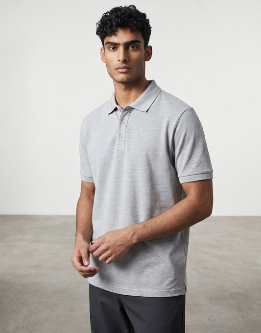 Home Kind grey 100% cotton polo shirt with a textured finish, structured collar, and button placket.