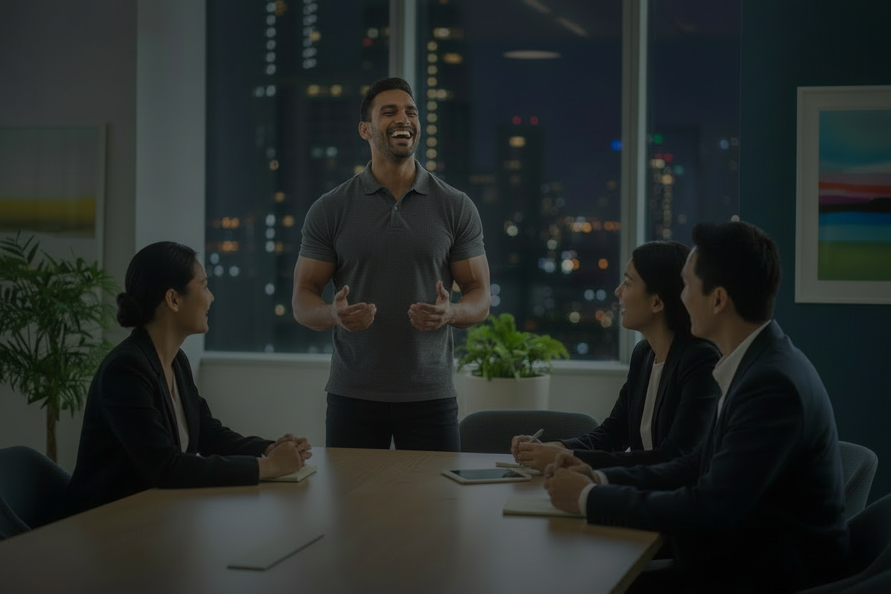 Happy Indian man talking to colleagues in polo shirt