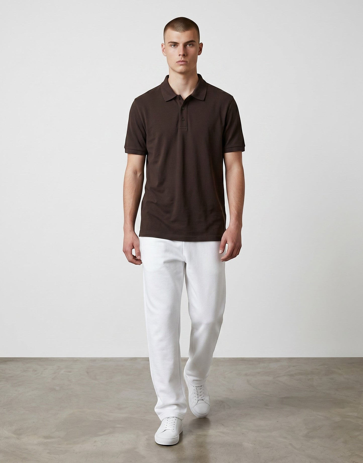 Home Kind coffee brown 100% cotton polo shirt with a structured collar and cuff, 220 GSM Airtex textured finish.