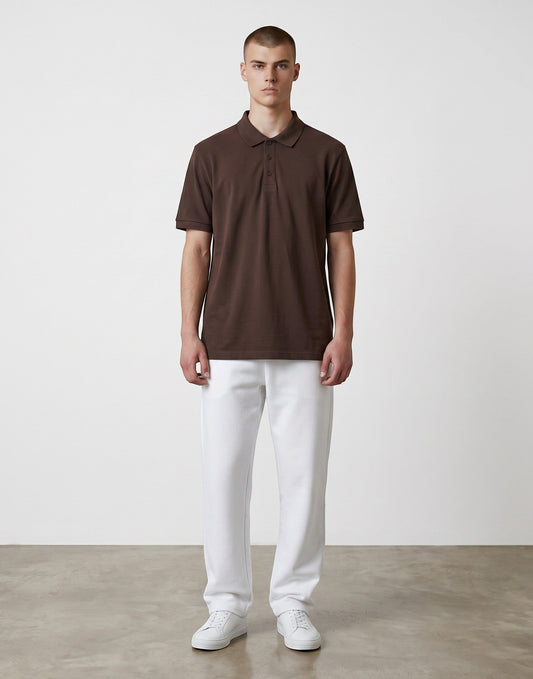 Home Kind coffee brown 100% cotton polo shirt with a textured finish and structured collar.