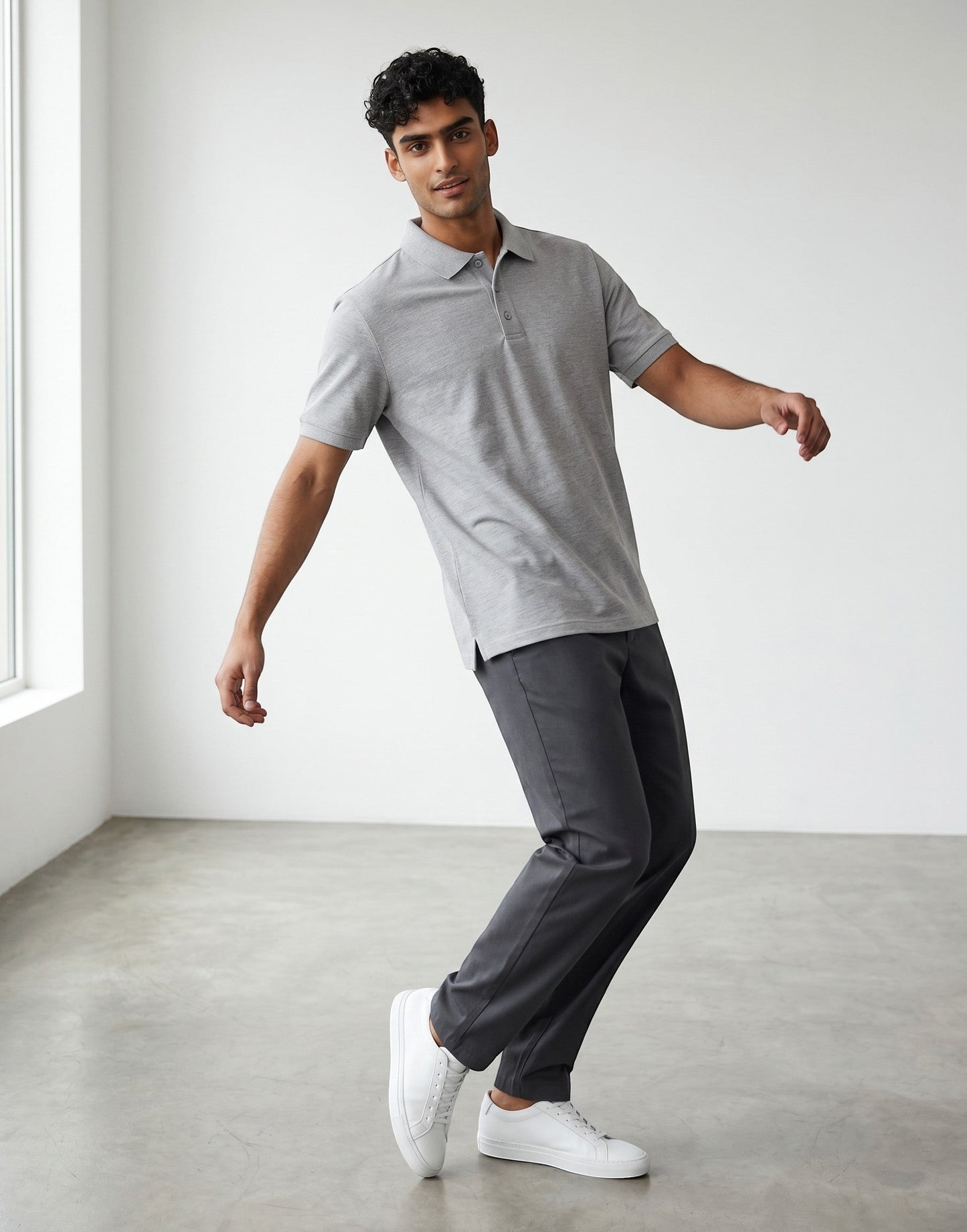 Home Kind grey 100% cotton polo shirt with textured finish, regular fit, and structured collar.