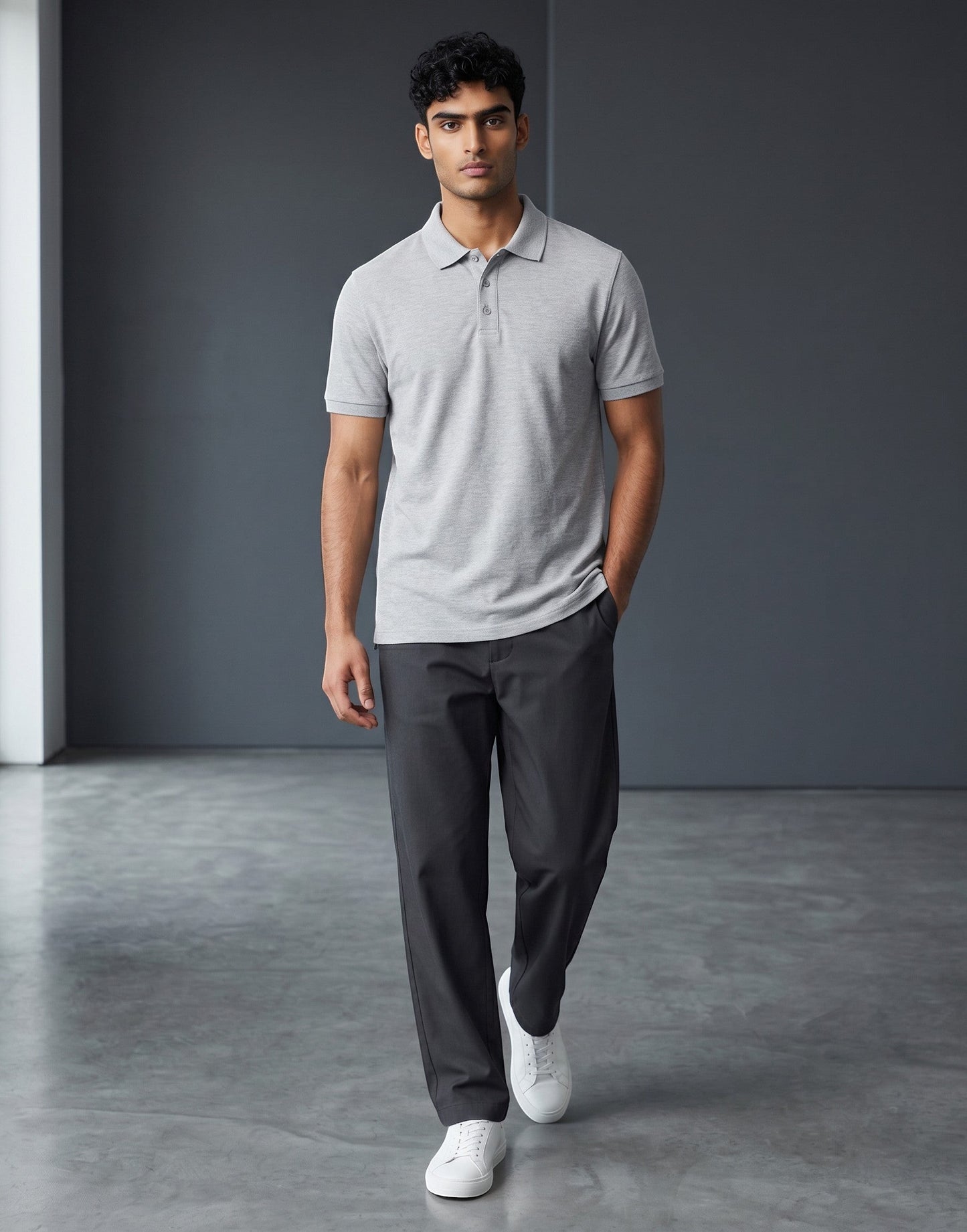 Home Kind grey 100% cotton polo shirt with a textured finish, structured collar, and button placket.