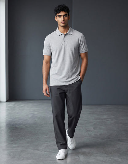 Home Kind grey 100% cotton polo shirt with a textured finish, structured collar, and button placket.