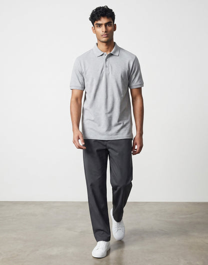 Home Kind grey 100% cotton polo shirt with a textured finish, structured collar, and three-button placket.