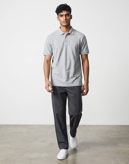 Home Kind grey 100% cotton polo shirt with a textured finish, structured collar, and three-button placket.