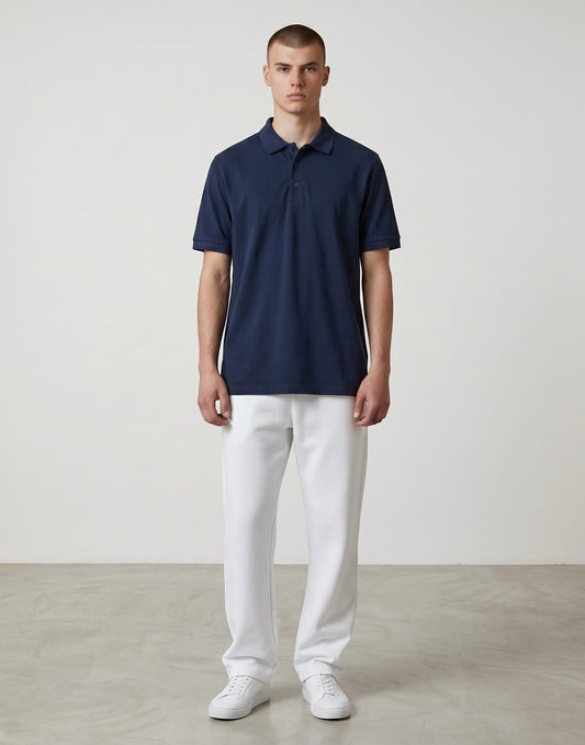 Home Kind navy blue 100% cotton polo shirt with a structured collar and cuff, featuring a textured finish.