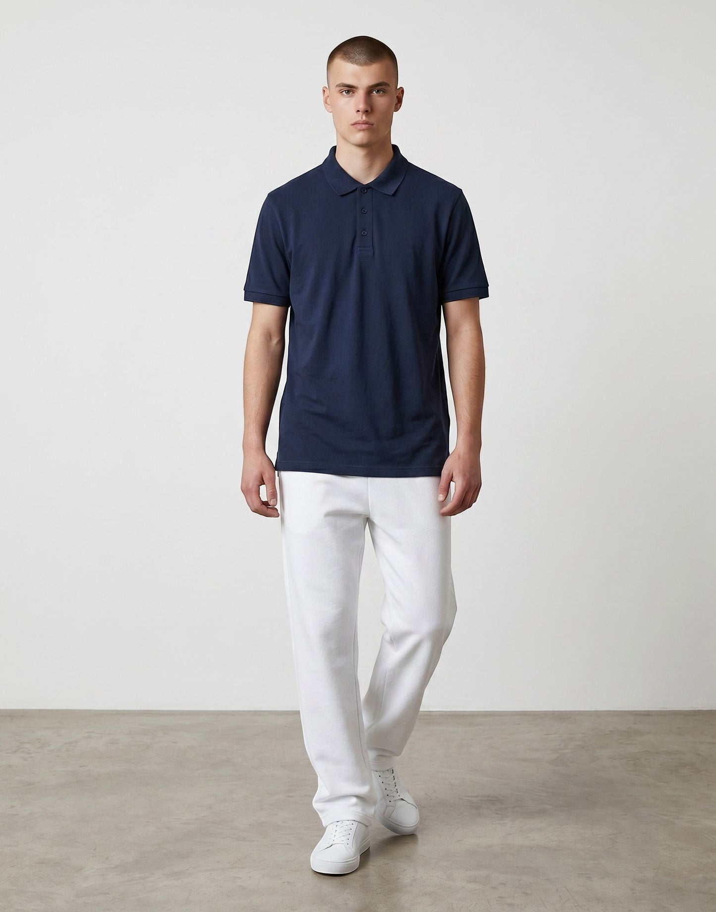 Home Kind navy blue 100% cotton polo shirt with a textured finish, structured collar, and button placket.
