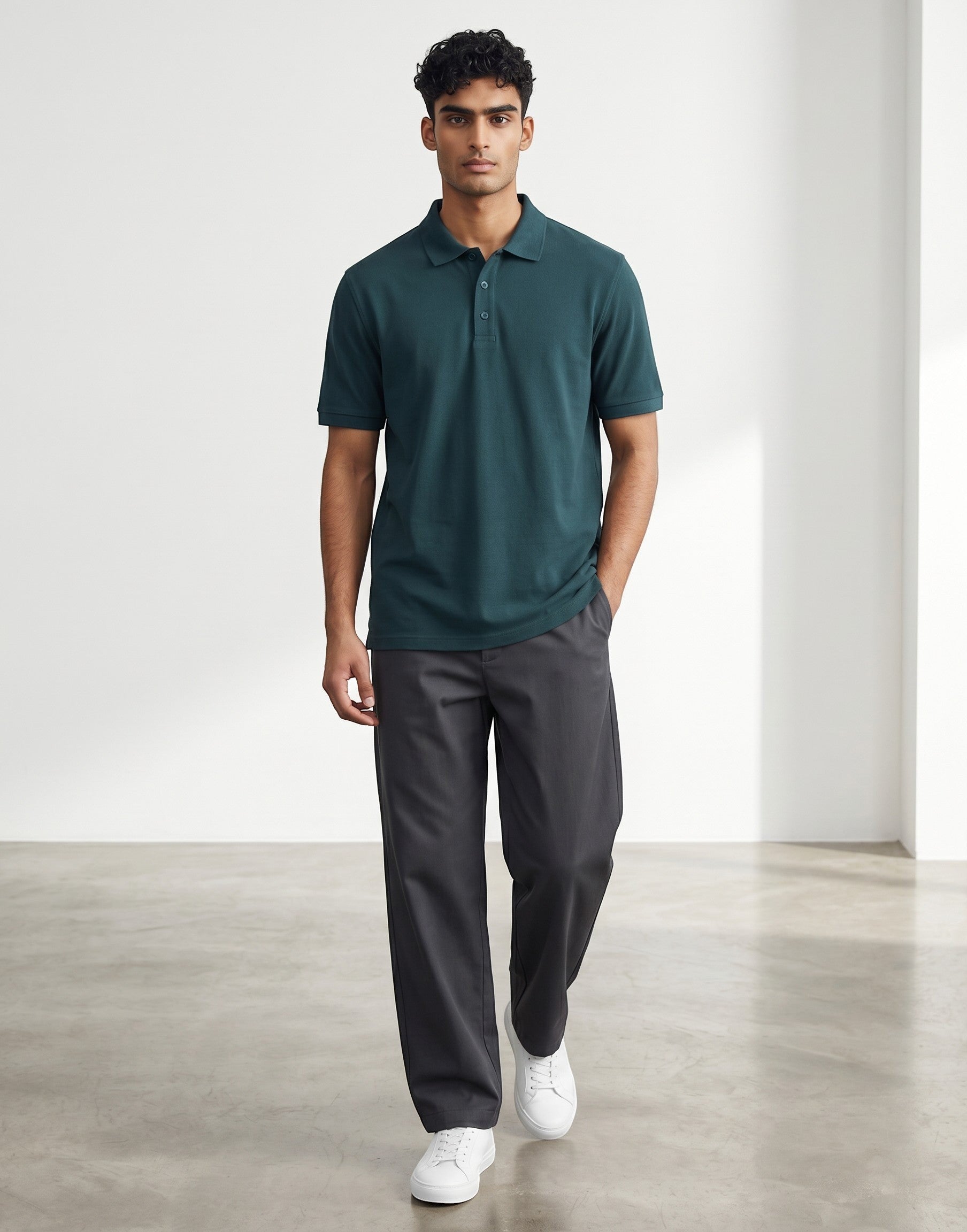 Home Kind petrol blue 100% cotton polo shirt with textured finish, regular fit, and structured collar.