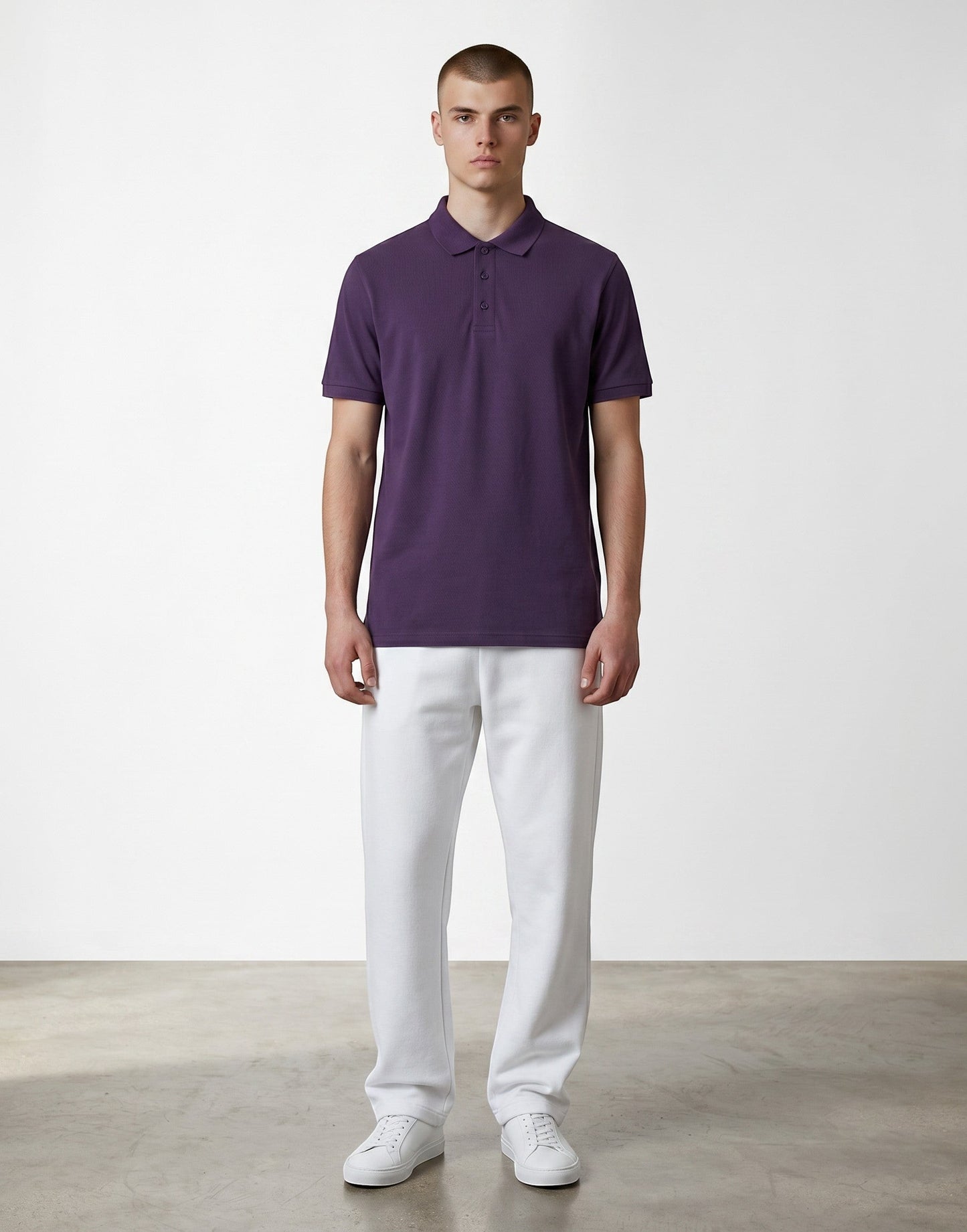 Home Kind purple 100% cotton polo shirt with a structured collar and cuff, featuring a textured finish and button placket.
