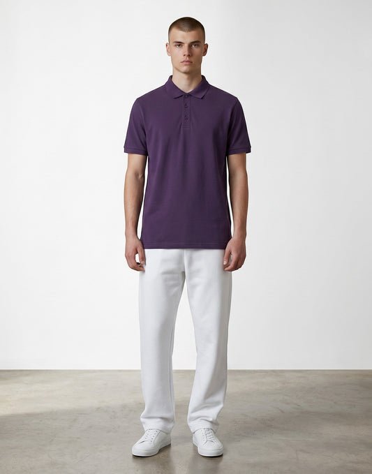 Home Kind purple 100% cotton polo shirt with a structured collar and cuff, featuring a textured finish and button placket.