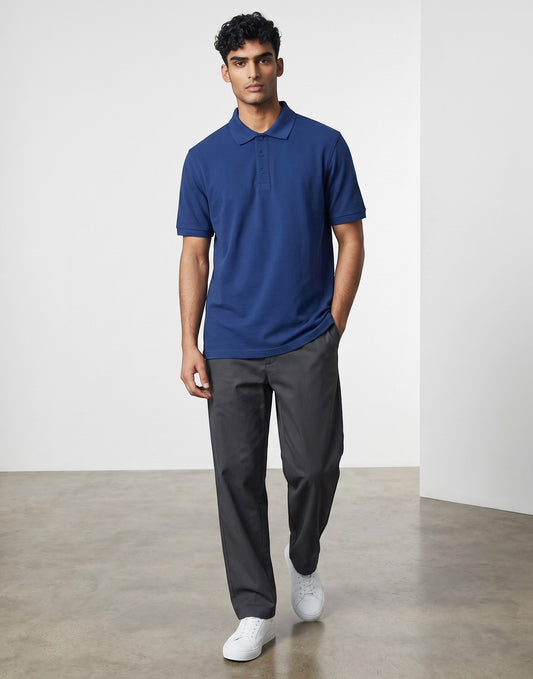 Home Kind royal blue 100% cotton polo shirt with a textured finish, regular fit, and structured collar.