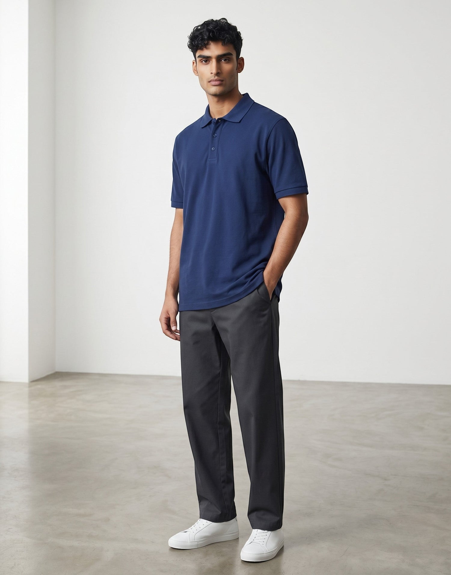 Home Kind royal blue 100% cotton polo shirt with a textured finish, regular fit, and structured collar.