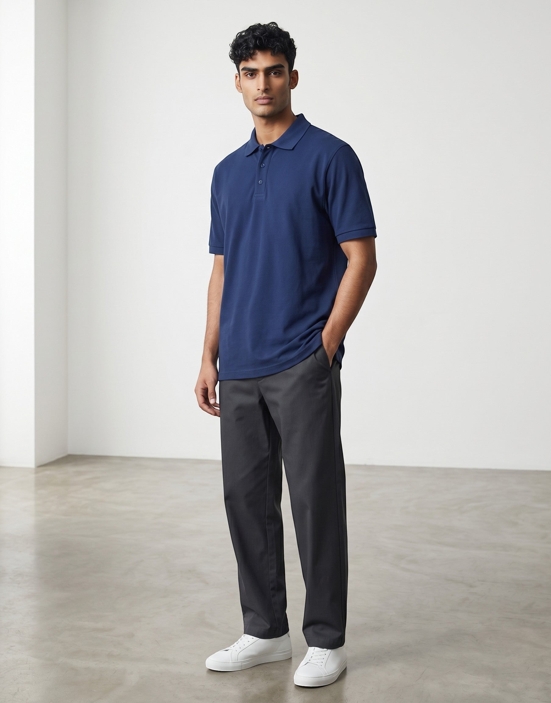 Home Kind royal blue 100% cotton polo shirt with a textured finish, regular fit, and structured collar.